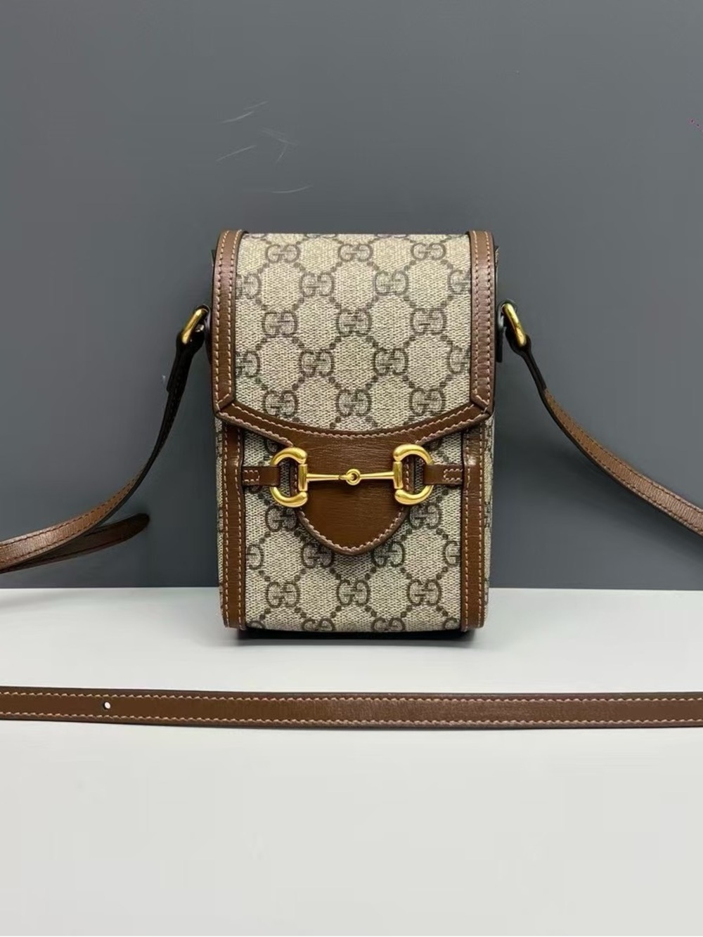 Gucci Beige GG Supreme Canvas Brown Leather Horsebit Belt Bag
